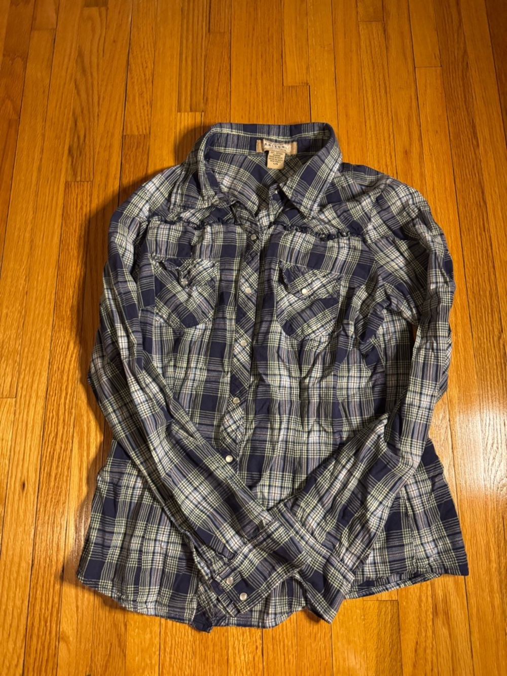Arizona Jean Co Plaid Snap Shirt Juniors Large Blue Green
